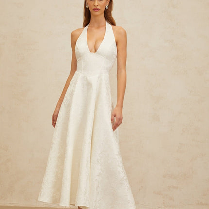Celeste White Floral Jacquard Halterneck Open-back Midi Dress