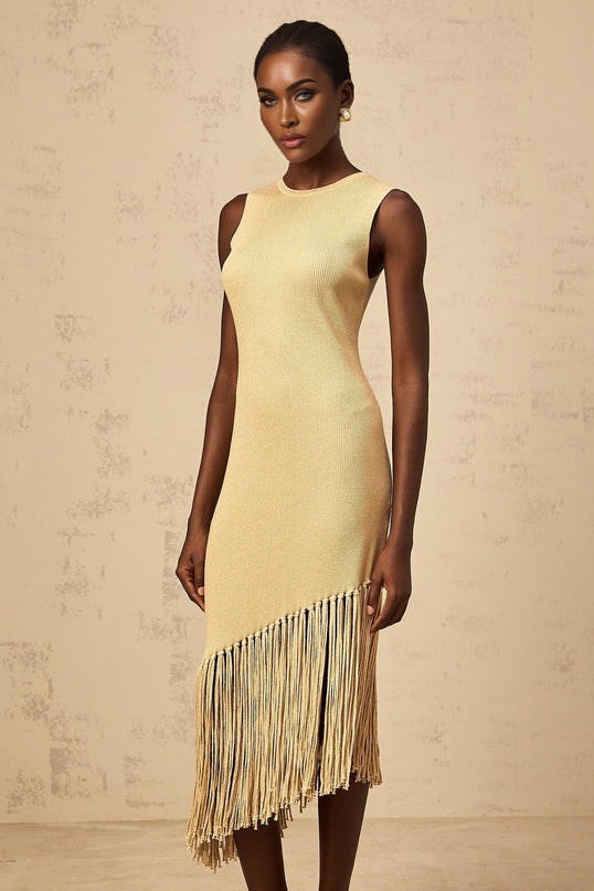 Celeste Midi Dress in Neutrals ribbed knit fringed edge macramé metallic threading asymmetrical hem slip-on style timeless silhouette understated chic palette luxury midi-length marvel statement piece Terylene fiber sartorial masterpiece