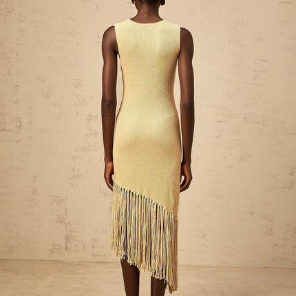 Celeste Midi Dress in Neutrals Ribbed Knit Fringed Edge Macrame Design Metallic Threading Asymmetrical Hem Slip-On Style Timeless Silhouette Chic Palette Terylene Fiber Luxury Sartorial Masterpiece