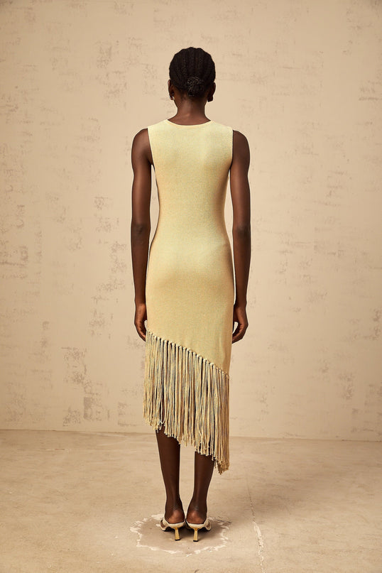 Celeste Midi Dress in Neutrals Ribbed Knit Fringed Edge Macrame Design Metallic Threading Asymmetrical Hem Slip-On Style Timeless Silhouette Chic Palette Terylene Fiber Luxury Sartorial Masterpiece