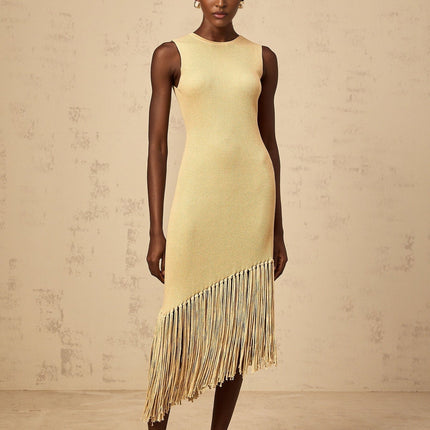 Celeste Midi Dress in Neutrals Ribbed Knit Fringed Edge Macrame Metallic Threading Asymmetrical Hem Slip-On Style Luxury Chic Terylene Fiber