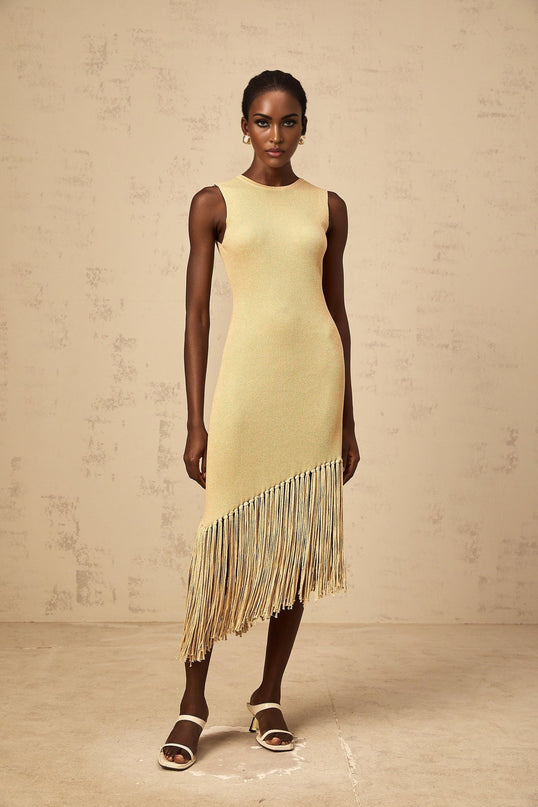 Celeste Midi Dress in Neutrals Ribbed Knit Fringed Edge Macrame Metallic Threading Asymmetrical Hem Slip-On Style Luxury Chic Terylene Fiber