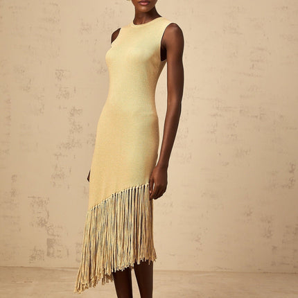 Celeste Midi Dress in Neutrals Ribbed Knit Fringed Edge Macramé Metallic Threading Asymmetrical Hem Slip-On Style Luxury Chic Terylene Fiber Sartorial Masterpiece