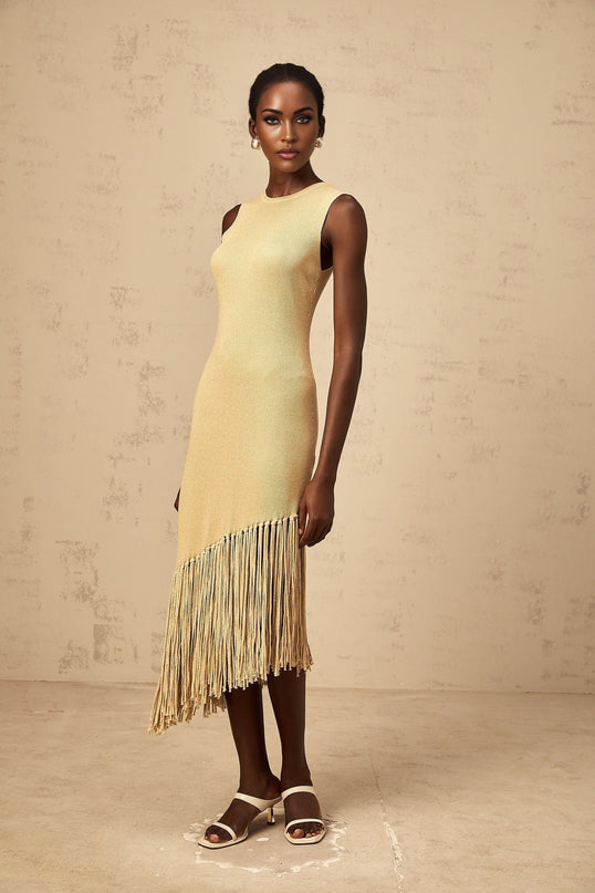 Celeste Midi Dress in Neutrals Ribbed Knit Fringed Edge Macramé Metallic Threading Asymmetrical Hem Slip-On Style Luxury Chic Terylene Fiber Sartorial Masterpiece