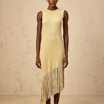 Celeste Midi Dress in Neutrals ribbed knit fringed edge macramé metallic threading asymmetrical hem slip-on style timeless silhouette understated chic palette luxury midi-length marvel statement piece 100% Terylene fiber sartorial masterpiece