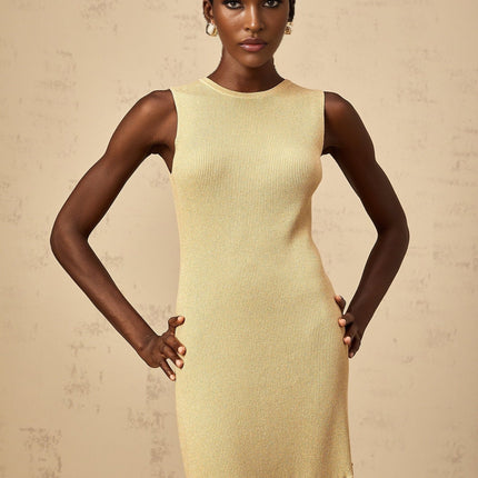 Celeste Midi Dress in Neutrals ribbed knit fringed edge macramé design metallic threading asymmetrical hem slip-on style timeless silhouette understated chic palette luxury sartorial masterpiece