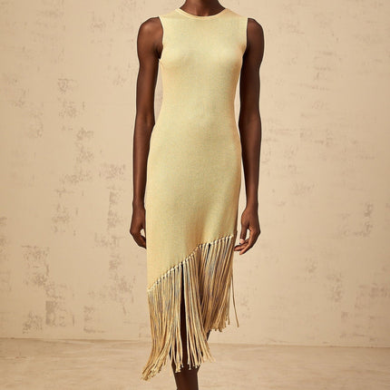 Celeste Midi Dress in Neutrals Ribbed Knit Fringed Macrame Metallic Threading Asymmetrical Hem Slip-On Style Elegant Chic Terylene Fiber