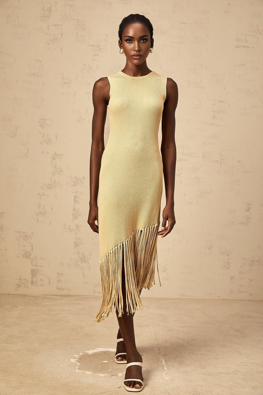 Celeste Midi Dress in Neutrals Ribbed Knit Fringed Macrame Metallic Threading Asymmetrical Hem Slip-On Style Elegant Chic Terylene Fiber