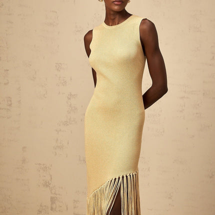 Celeste Midi Dress in Neutrals ribbed knit fringed edge macramé design metallic threading asymmetrical hem slip-on style timeless silhouette understated chic palette luxury sartorial masterpiece