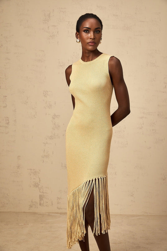 Celeste Midi Dress in Neutrals ribbed knit fringed edge macramé design metallic threading asymmetrical hem slip-on style timeless silhouette understated chic palette luxury sartorial masterpiece