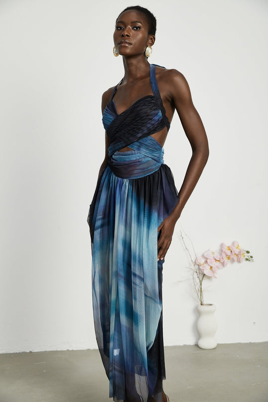 Céleste ombreprint pleated maxi dress