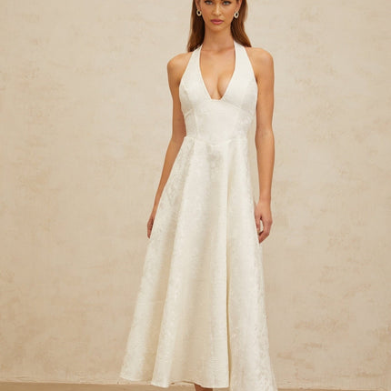 Celeste White Floral Jacquard Halterneck Open-back Midi Dress Glamour