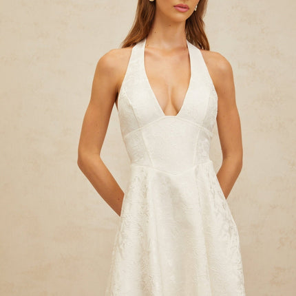 Celeste White Floral Jacquard Midi Dress Open Back Glamour