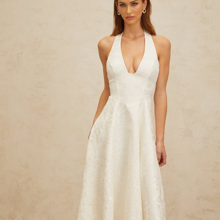 Celeste White Floral Jacquard Midi Dress Open-back Glamour