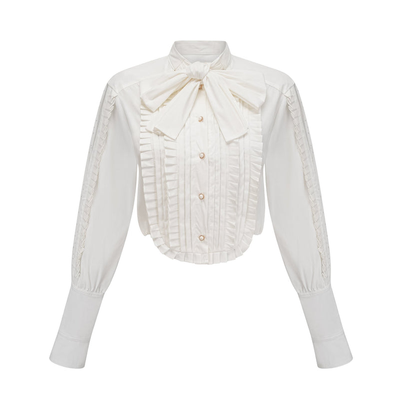 Céleste white pleated scarfcollar shirt