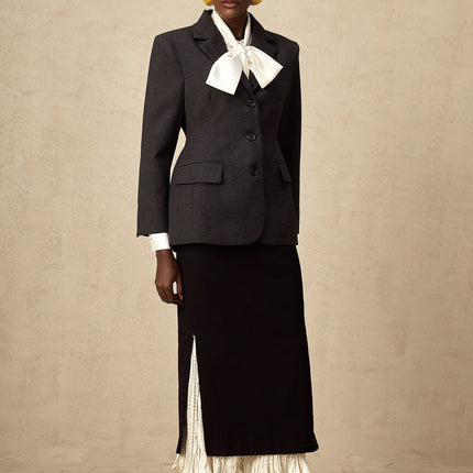 Celestina Black and White Panelled Wool Cotton Midi Skirt