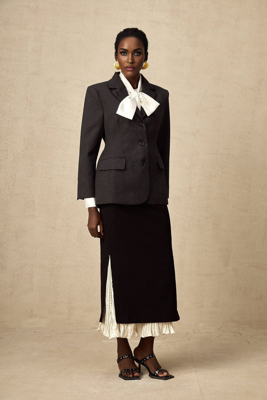 Celestina Black and White Panelled Wool Cotton Midi Skirt