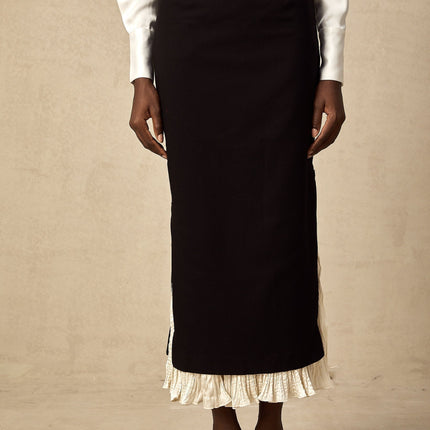 Celestina Black and White Panelled Wool-Cotton Midi Skirt