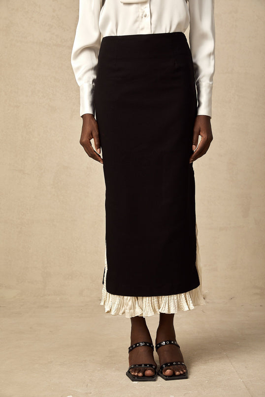 Celestina Black and White Panelled Wool-Cotton Midi Skirt