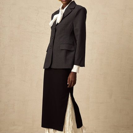 Celestina Black and White Panelled Wool-Cotton Midi Skirt with Ruffled Detailing and Scalloped Hem