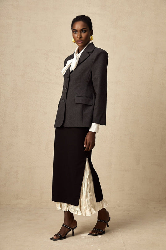 Celestina Black and White Panelled Wool-Cotton Midi Skirt with Ruffled Detailing and Scalloped Hem