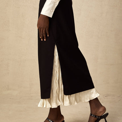 Celestina Black and White Panelled Wool-Cotton Midi Skirt