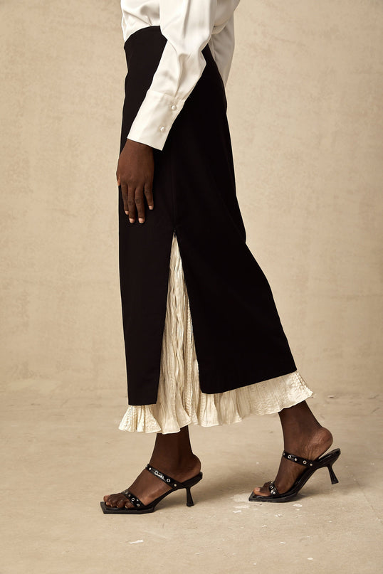 Celestina Black and White Panelled Wool-Cotton Midi Skirt