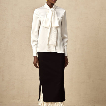 Celestina Black and White Panelled Wool-Cotton Midi Skirt