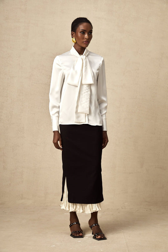 Celestina Black and White Panelled Wool-Cotton Midi Skirt