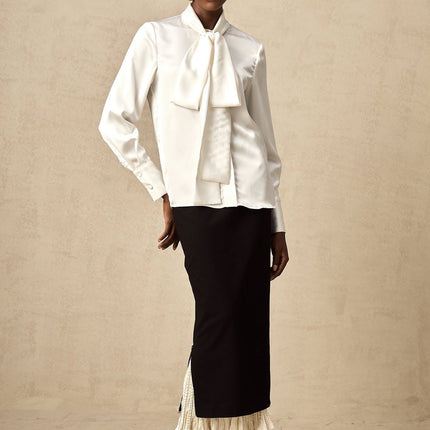 Celestina Black and White Panelled Wool-Cotton Midi Skirt