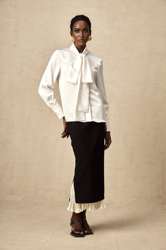 Celestina Black and White Panelled Wool-Cotton Midi Skirt