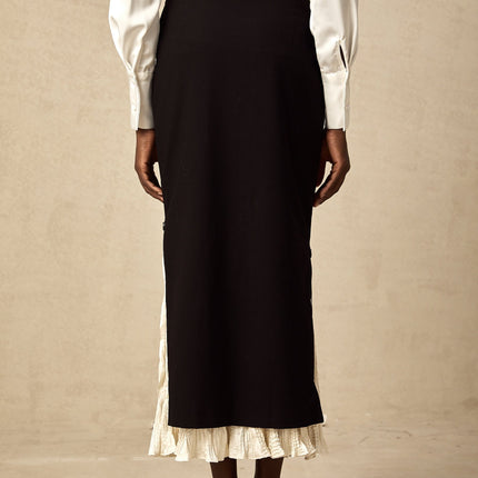 Celestina Black and White Panelled Wool Cotton Blend Midi Skirt with Ruffled Detailing and Scalloped Hem
