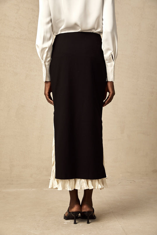 Celestina Black and White Panelled Wool Cotton Blend Midi Skirt with Ruffled Detailing and Scalloped Hem