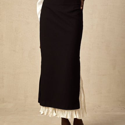 Celestina Black and White Panelled Wool-Cotton Midi Skirt