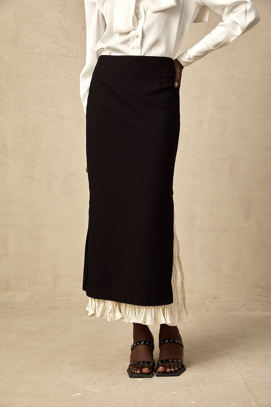 Celestina Black and White Panelled Wool-Cotton Midi Skirt
