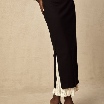 Celestina Black and White Panelled Wool Cotton Blend Midi Skirt with Ruffled Detailing and Scalloped Hem