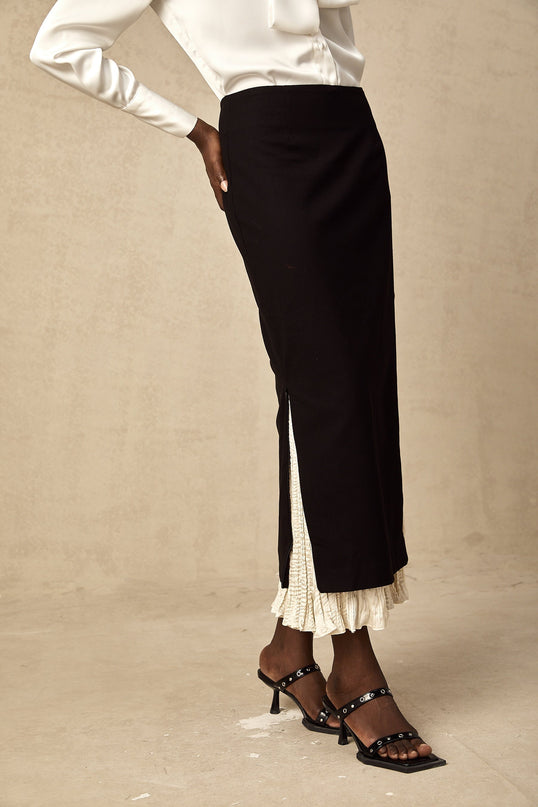 Celestina Black and White Panelled Wool Cotton Blend Midi Skirt with Ruffled Detailing and Scalloped Hem