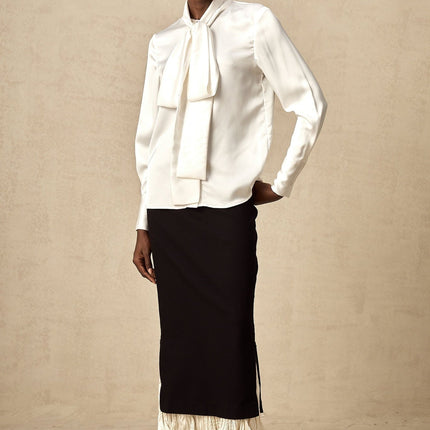 Celestina Black and White Color Block Panelled Midi Skirt with Ruffled Detailing and Scalloped Hem