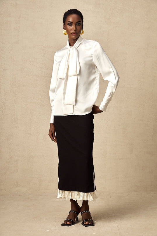 Celestina Black and White Color Block Panelled Midi Skirt with Ruffled Detailing and Scalloped Hem