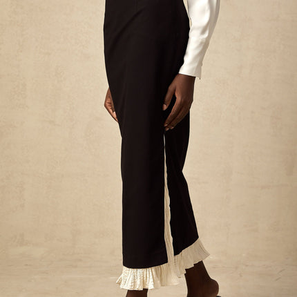 Celestina Black and White Panelled Wool Cotton Blend Midi Skirt with Ruffled Detailing and Scalloped Hem