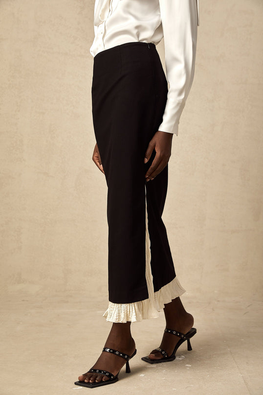 Celestina Black and White Panelled Wool Cotton Blend Midi Skirt with Ruffled Detailing and Scalloped Hem
