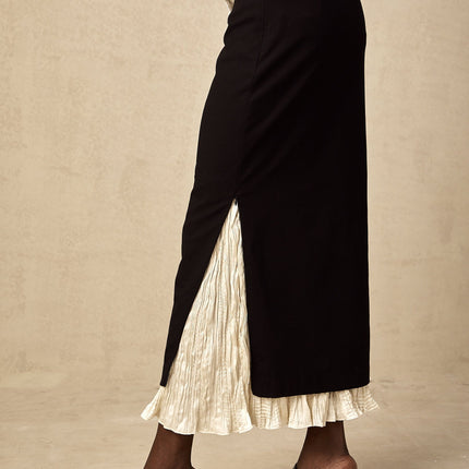 Celestina Black and White Panelled Wool Cotton Midi Skirt with Ruffled Detailing and Scalloped Hem