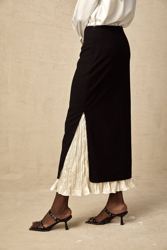 Celestina Black and White Panelled Wool Cotton Midi Skirt with Ruffled Detailing and Scalloped Hem