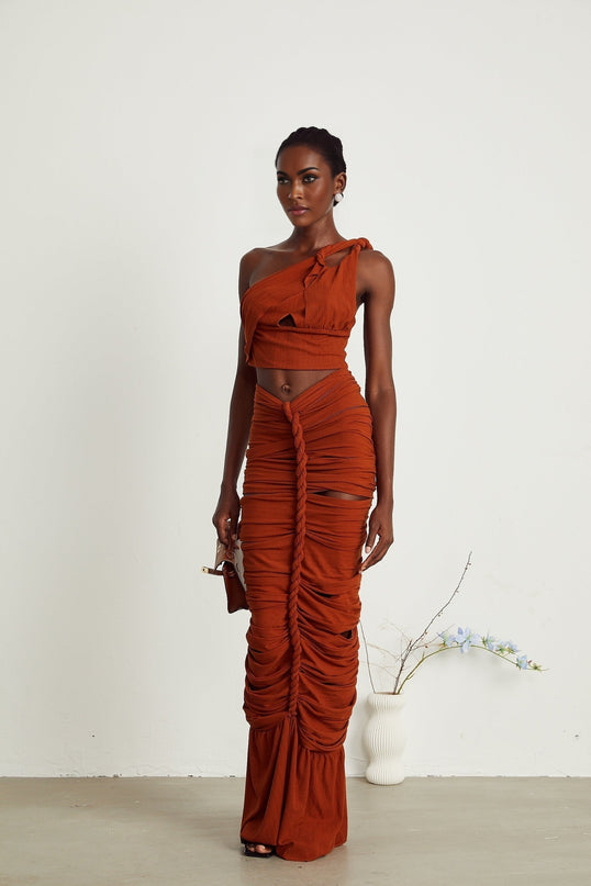 Célestine brown twisted cutout top  skirt matching set