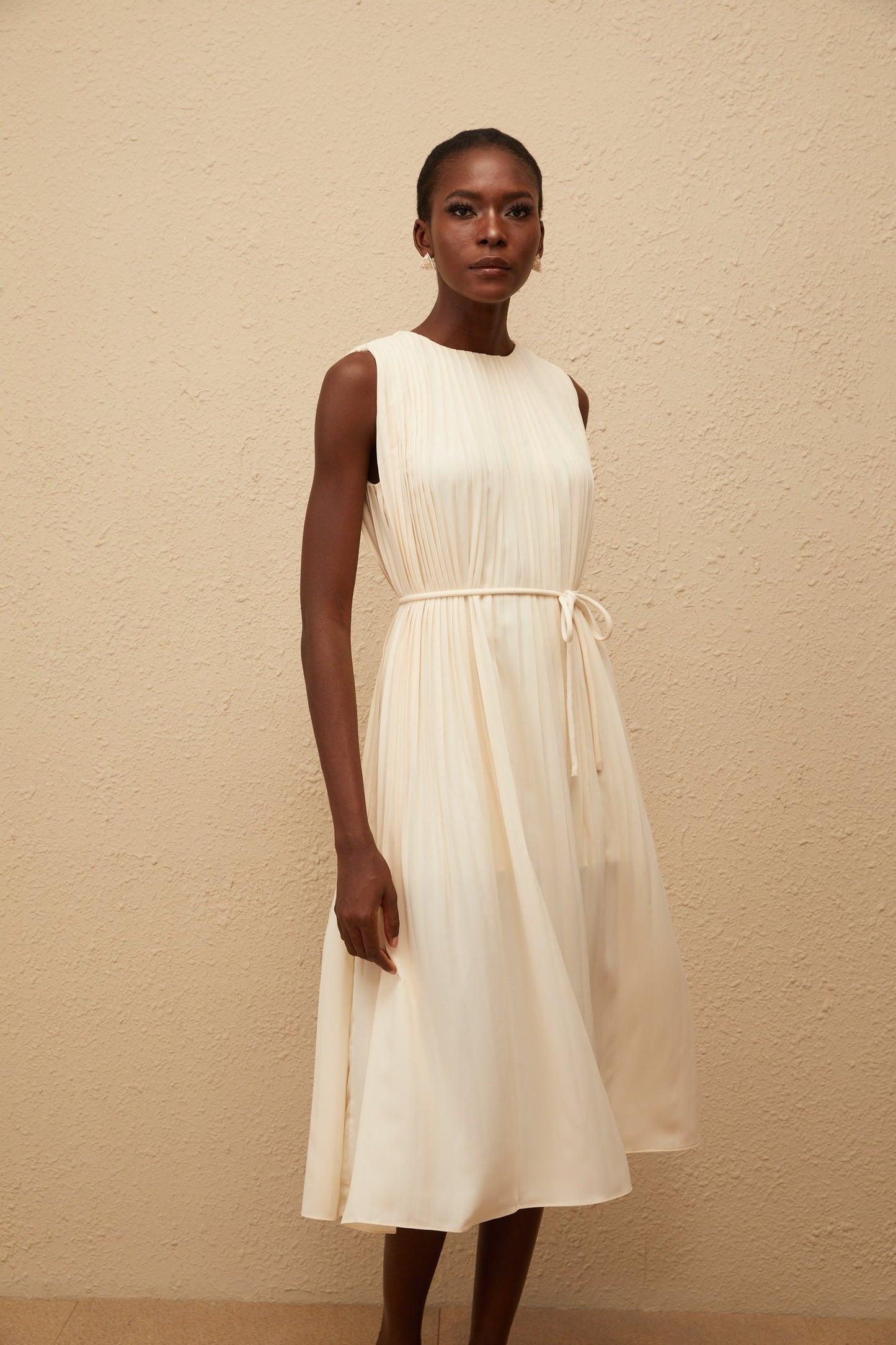 Célestine Neutral Sleeveless Pleated Midi Dress