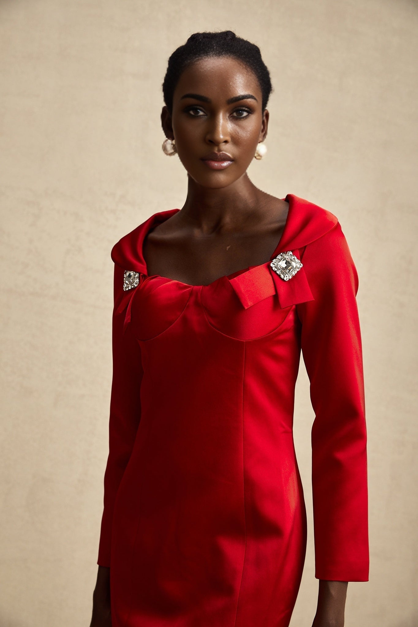 Celine red satin mini dress with corset style bodice