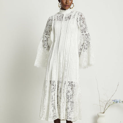 Céline White Lace A-Line Midi Dress with Flared Sleeves and Ruffled Hemline