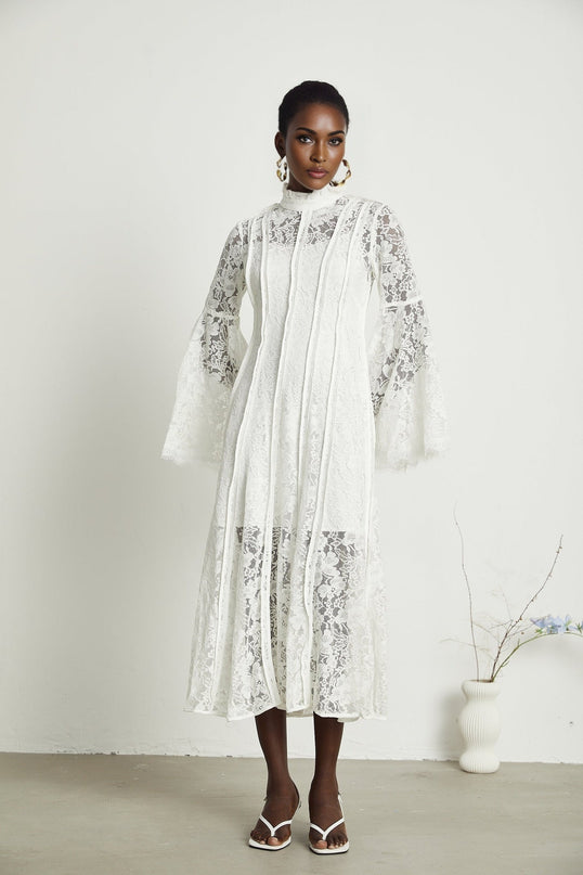 Céline White Lace A-Line Midi Dress with Flared Sleeves and Ruffled Hemline