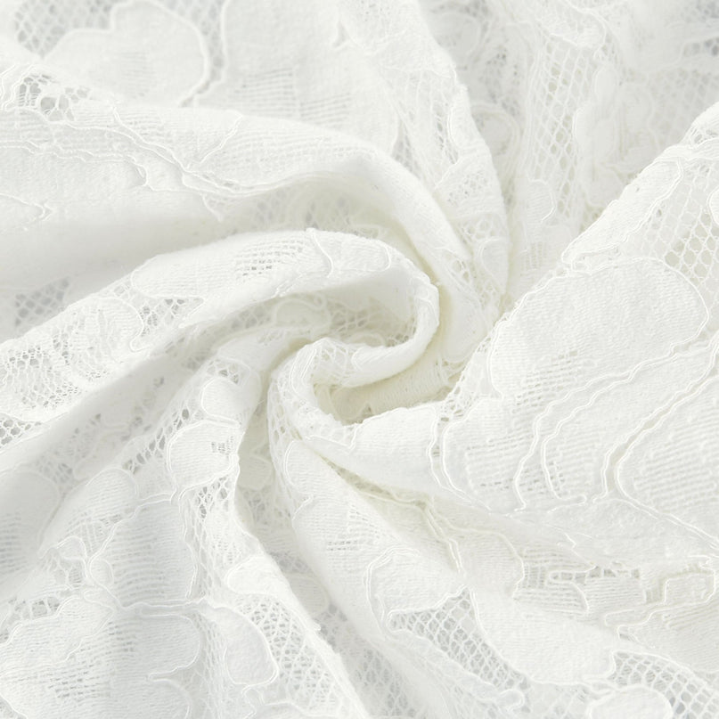 Céline White Lace A-Line Midi Dress with Flared Sleeves and Ruffled Hemline