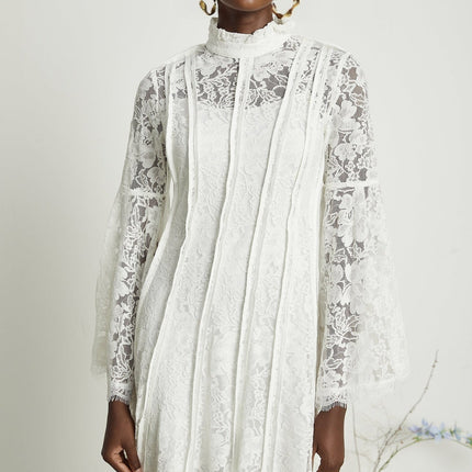 Céline White Lace A-line Midi Dress with Flared Sleeves and Ruffled Hemline